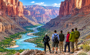 Group of hikers overlooking a winding blue river surrounded by towering red canyon walls, rugged cliffs, green vegetation, and dramatic desert scenery.
