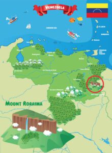 Map of Mount Roraima showing its location at the intersection of Venezuela, Brazil, and Guyana, with surrounding terrain and major landmarks highlighted.