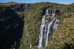 Waterfalls cascading down steep cliffs in a lush rainforest, surrounded by vibrant greenery and mist. 🌿💦🏞️