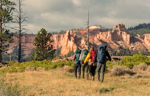 Four backpackers hiking through a grassy landscape at Bryce Canyon National Park in Utah, carrying large camping backpacks with dramatic orange limestone cliffs, scattered pine trees, and cloudy skies in the background.