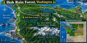 Map of Hoh Rain Forest in Washington showing Olympic National Park, Hoh River, Hoh Rain Forest Visitor Center, Forks, Port Angeles, Lake Crescent, Mount Olympus, Pacific Coast beaches, and Highway 101, with a Washington State locator map.
