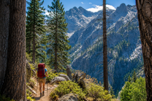 Kings Canyon, California, Camping And Hiking 5 Hiker with a backpack walking along a scenic mountain trail in Kings Canyon National Park surrounded by towering granite cliffs, pine forests, and breathtaking Sierra Nevada scenery.