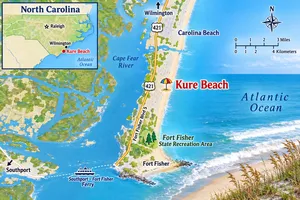 Kure Beach, NC, Camping And Hiking Tours 8 Illustrated map of Kure Beach, North Carolina, showing Carolina Beach, Fort Fisher, Cape Fear River, Atlantic Ocean, and the Southport–Fort Fisher Ferry.