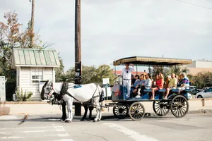 Kure Beach, NC, Camping And Hiking Tours 2 Horse-drawn sightseeing carriage carrying visitors through a historic city street.