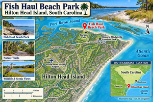 Fish Haul Beach SC Camping and Hiking Tours 9 Illustrated map of Fish Haul Beach Park on Hilton Head Island, South Carolina, showing Port Royal Sound, Barker Field, Historic Mitchelville Freedom Park, Hilton Head Island Airport, nearby coastal waterways, and a mini South Carolina location map.