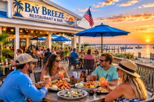 Cedar Island Beach NC, Camping & Hiking Tours 5 People enjoying seafood and drinks at Bay Breeze Restaurant & Bar on Cedar Island, with outdoor waterfront dining, boats, and a colorful sunset.