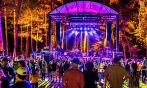 Cedar Island Beach NC, Camping & Hiking Tours 4 Crowd enjoying a colorful outdoor nighttime concert with live musicians performing on a brightly illuminated stage surrounded by tall trees.