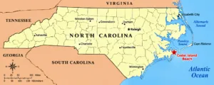 Figure Eight Island Beach, NC, Camping & Hiking Tours 8 Map of North Carolina highlighting Cedar Island Beach on the eastern coast near Pamlico Sound and the Atlantic Ocean.