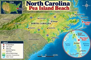 Pea Island Beach, NC, Camping & Hiking Tours 8 Map of North Carolina highlighting Pea Island Beach on the Outer Banks, with major cities, highways and a detailed inset showing Pea Island National Wildlife Refuge, Pamlico Sound and the Atlantic Ocean.