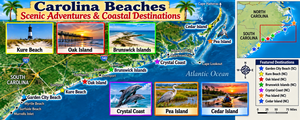 Wide illustrated map of Carolina Beaches highlighting Garden City Beach, South Carolina, and six North Carolina coastal destinations: Kure Beach, Oak Island, Brunswick Islands, Crystal Coast, Pea Island, and Cedar Island. Includes scenic beach photographs, dolphins, coastal birds, kayaking, colorful location markers, and a mini map of the Carolina coastline.