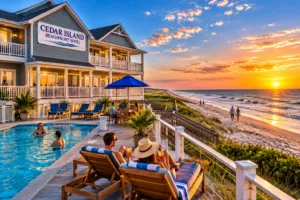 Cedar Island Beach NC, Camping & Hiking Tours 7 Alt: Beachfront hotel overlooking the ocean at sunset with guests relaxing beside a swimming pool, walking along the beach, and enjoying coastal views.
