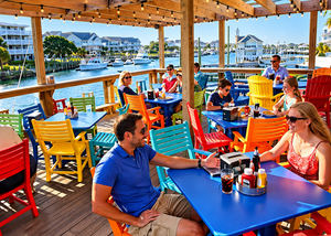 Corolla Beach, NC, Camping And Hiking Tours 6 Colorful outdoor waterfront restaurant with blue tables, bright Adirondack chairs, and guests enjoying meals beneath a wooden pergola overlooking a scenic marina with boats and coastal homes.