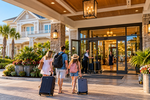 Lighthouse Inlet Beach, SC, Camping and Hiking Tours 9 Family carrying luggage and walking toward the entrance of a beautiful coastal resort hotel, with palm trees, landscaped gardens, and welcoming hotel staff.