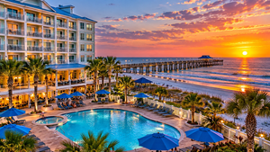 Beautiful beachfront resort overlooking the Atlantic Ocean at Garden City Beach, South Carolina, featuring oceanview balconies, a tropical swimming pool, palm trees, blue umbrellas, sandy shoreline, a scenic fishing pier, and a colorful coastal sunset.