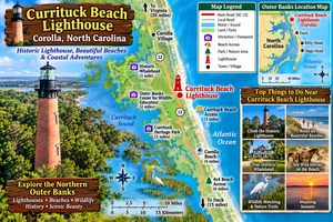 Lighthouse Inlet Beach, SC, Camping and Hiking Tours 10 Illustrated travel map of Currituck Beach Lighthouse in Corolla, North Carolina, featuring the historic red-brick lighthouse, nearby beaches, Historic Whalehead, Currituck Sound, coastal wildlife, and Outer Banks attractions.