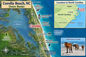 Corolla Beach, NC, Camping And Hiking Tours 9 Illustrated map of Corolla Beach, North Carolina, showing the Outer Banks, Currituck Sound, Atlantic Ocean, Currituck Beach Lighthouse, Whalehead Historic Corolla Park, wild horse beaches, and a mini map highlighting Corolla's location in North Carolina.
