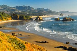 coast with a beach and a forest next to the ocean with mountains on a clear day.