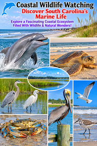 Isle of Palms, South Carolina: Beach Camping Getaways, Coastal Adventures & Scenic Escapes 5 Colorful coastal wildlife collage featuring a bottlenose dolphin leaping from the ocean, a loggerhead sea turtle resting on a sandy beach, a blue crab, great blue heron, white egret, brown pelican, flying gull, and shorebird. Beautiful South Carolina beaches, coastal dunes, and salt marshes complete the scene.