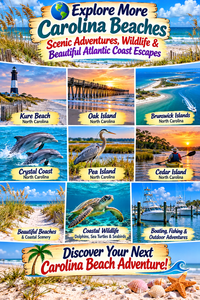 Colorful Carolina Beaches travel collage featuring Kure Beach, Oak Island, Brunswick Islands, Crystal Coast, Pea Island, and Cedar Island in North Carolina, showcasing sandy Atlantic beaches, fishing piers, dolphins, coastal birds, sea turtles, kayaking, boating, and beautiful waterfront sunsets.
