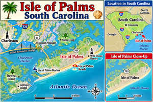 Isle of Palms, South Carolina: Beach Camping Getaways, Coastal Adventures & Scenic Escapes 9 Colorful illustrated map of Isle of Palms, South Carolina, featuring Charleston, Mount Pleasant, Sullivan's Island, Dewees Island, Wild Dunes Resort, Isle of Palms Beach, and the Atlantic Ocean. Includes a South Carolina location inset, a close-up island mini map, major roads, waterways, and coastal landmarks.
