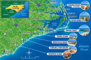 Illustrated map of North Carolina’s Atlantic coast highlighting the Outer Banks, Crystal Coast, Topsail Island, Wrightsville Beach, Carolina and Kure Beaches, and Brunswick Islands with a regional mini map.