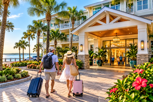 Fish Haul Beach SC Camping and Hiking Tours 8 Couple walking toward an elegant coastal resort hotel with rolling suitcases, surrounded by palm trees, colorful tropical flowers, spacious balconies, and beautiful waterfront scenery at sunset.