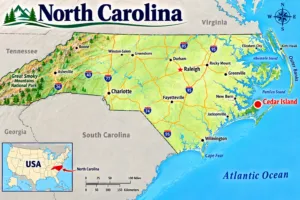 Cedar Island Beach NC, Camping & Hiking Tours 8 Illustrated map of North Carolina highlighting Cedar Island along the eastern coast near Pamlico Sound and the Outer Banks, with major cities, highways, and surrounding states shown.