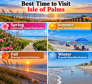 Isle of Palms, South Carolina: Beach Camping Getaways, Coastal Adventures & Scenic Escapes 7 Colorful four-season collage showcasing the best time to visit Isle of Palms, South Carolina. Spring features blooming flowers and a scenic beach boardwalk, summer shows families enjoying sandy beaches and colorful umbrellas, fall highlights a golden coastal sunset, and winter features peaceful ocean waves, shorebirds, and quiet beaches.