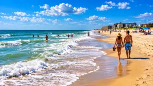 Cedar Island Beach NC, Camping & Hiking Tours 1 Couple walking along a sunny North Carolina beach with rolling ocean waves, swimmers, beachgoers, colorful umbrellas, and a wide sandy shoreline.