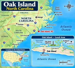 Map of Oak Island, North Carolina, showing its Atlantic Coast location, nearby Southport, Oak Island Lighthouse, Oak Island Pier, Intracoastal Waterway, major roads, and a United States locator map.