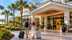 Isle of Palms, South Carolina: Beach Camping Getaways, Coastal Adventures & Scenic Escapes 8 Couple walking toward the entrance of a beautiful coastal resort hotel with rolling suitcases, surrounded by tropical palm trees, colorful flowers, landscaped gardens, and a welcoming entrance beneath a bright blue sky.