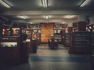 Interior of a natural history museum featuring wooden display cases filled with rocks and geological specimens, framed exhibits, and a large wall map.