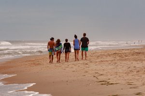 Corolla Beach, NC, Camping And Hiking Tours 1 Five people walking barefoot along a sandy ocean beach beside rolling Atlantic waves, enjoying a peaceful coastal outing under an overcast sky.