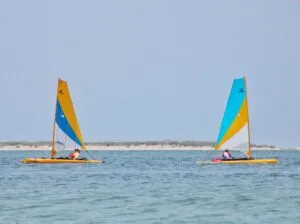 Pea Island Beach, NC, Camping & Hiking Tours 7 Two colorful sailboats gliding across calm coastal waters near a sandy shoreline, offering a scenic sailing adventure along the North Carolina coast.