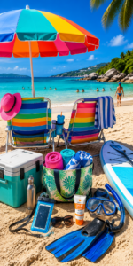 40 Best Beach Gear Essentials 2026 for Travel & Relaxation🏖️ 3 Colorful beach chairs and umbrella overlooking turquoise water with a cooler, towels, beach bag, paddleboard, snorkeling gear, sunscreen, sunglasses, and waterproof phone pouch on the sand.