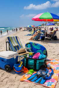 40 Best Beach Gear Essentials 2026 for Travel & Relaxation🏖️ 2 Colorful beach gear including chairs, cooler, towels, snorkeling equipment, beach bag, umbrella, and sun essentials beside a busy sandy beach with people swimming and relaxing.