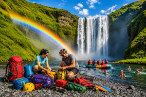 🌞💧🏄♂️🌴50 Must-Have Water Adventure Gear & Essentials🌊🔥🛶 1 Outdoor water adventure scene with campers organizing colorful rafting gear beside a scenic waterfall river while swimmers enjoy the water and a rainbow raft floats beneath a vibrant rainbow and lush green canyon cliffs.
