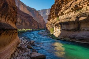 Top 15 Scenic Canyon & Mountain Vacations to Explore 9 People hiking along a narrow trail in a steep canyon with high rock walls and a river flowing through the valley below.