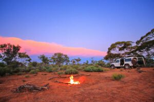 truck and campfire at the Australian outback and woods