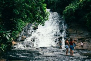 people hiking at a waterfall in Australia in the rainforest