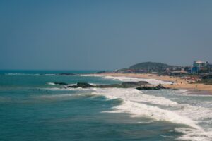 Beach and the ocean with a blue sky