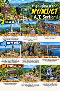 Colorful Appalachian Trail highlights collage featuring scenic hiking destinations across New Jersey, New York and Connecticut. Images showcase High Point State Park, Pochuck Boardwalk, Wawayanda State Park, Bear Mountain, Harriman State Park, Bear Mountain Bridge, Ten Mile River, Connecticut's Bear Mountain and Sages Ravine, with forest trails, mountain overlooks, waterfalls and beautiful river scenery.