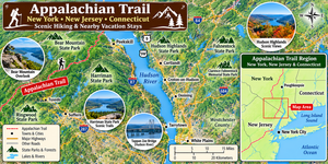 Colorful illustrated Appalachian Trail regional map highlighting New York, New Jersey and Connecticut, featuring Bear Mountain State Park, Harriman State Park, Hudson Highlands, the Hudson River and nearby towns. Includes scenic mountain photographs, hiking trail illustrations and a mini locator map showing the northeastern Appalachian Trail region.