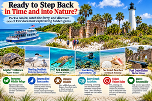 Colorful Egmont Key, Florida, wildlife conservation collage featuring the historic lighthouse, Fort Dade ruins, ferry boat, gopher tortoise, nesting seabirds, sea turtle, snorkeling, secluded beaches, and responsible visitor guidelines.