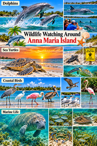 Tall, colorful wildlife collage featuring dolphins jumping through turquoise waters, sea turtles on sandy beaches and swimming underwater, coastal birds including herons, egrets, pelicans, and shorebirds, plus marine life such as manatees, stingrays, crabs, and tropical fish. The collage highlights wildlife watching around Anna Maria Island, Florida.