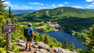 Backpacker standing on a rocky Appalachian Trail overlook with trekking poles, admiring a beautiful blue lake, lush green forests, rolling mountains and a lakeside village beneath a bright blue sky. A wooden Appalachian Trail sign stands beside the hiker.