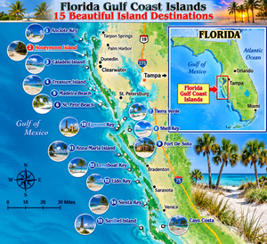 Colorful illustrated map of Florida’s Gulf Coast featuring 15 beach and island destinations, including Honeymoon Island, Caladesi Island, Anna Maria Island, Siesta Key, and Sanibel Island. Includes coastal landmarks, tropical beach images, the Gulf of Mexico, and a miniature Florida location map.