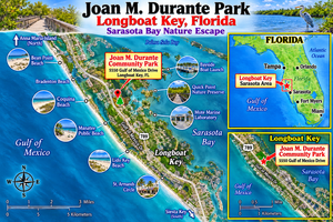 Longboat Key: Tranquil Beaches & Upscale Charm on Florida’s Gulf Coast 17 Illustrated location map of Joan M. Durante Community Park on Longboat Key, Florida, showing Gulf of Mexico Drive, Sarasota Bay, nearby beaches, coastal attractions, and two inset maps highlighting the park's location within Florida.