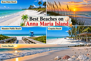 Colorful collage of the best beaches on Anna Maria Island, Florida, featuring Bean Point Beach with white sand and turquoise waters, a beautiful Gulf Coast sunset, Manatee Public Beach with a wooden walkway and lifeguard tower, Coquina Beach with shaded picnic areas, and Cortez Beach with seashells and golden sunset reflections.
