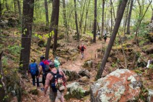 Mohonk Preserve, NY: Hiking, Climbing & Hudson Valley Beauty 4 Seven people hiking along a forest path, each carrying a backpack, surrounded by lush trees.